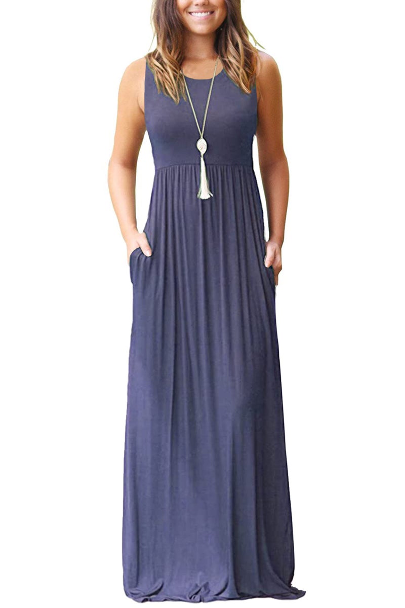 AUSELILY Women's Summer Sleeveless Loose Maxi Dress Casual Long Dresses with Pockets 2026 New Purple Gray M - Image 1